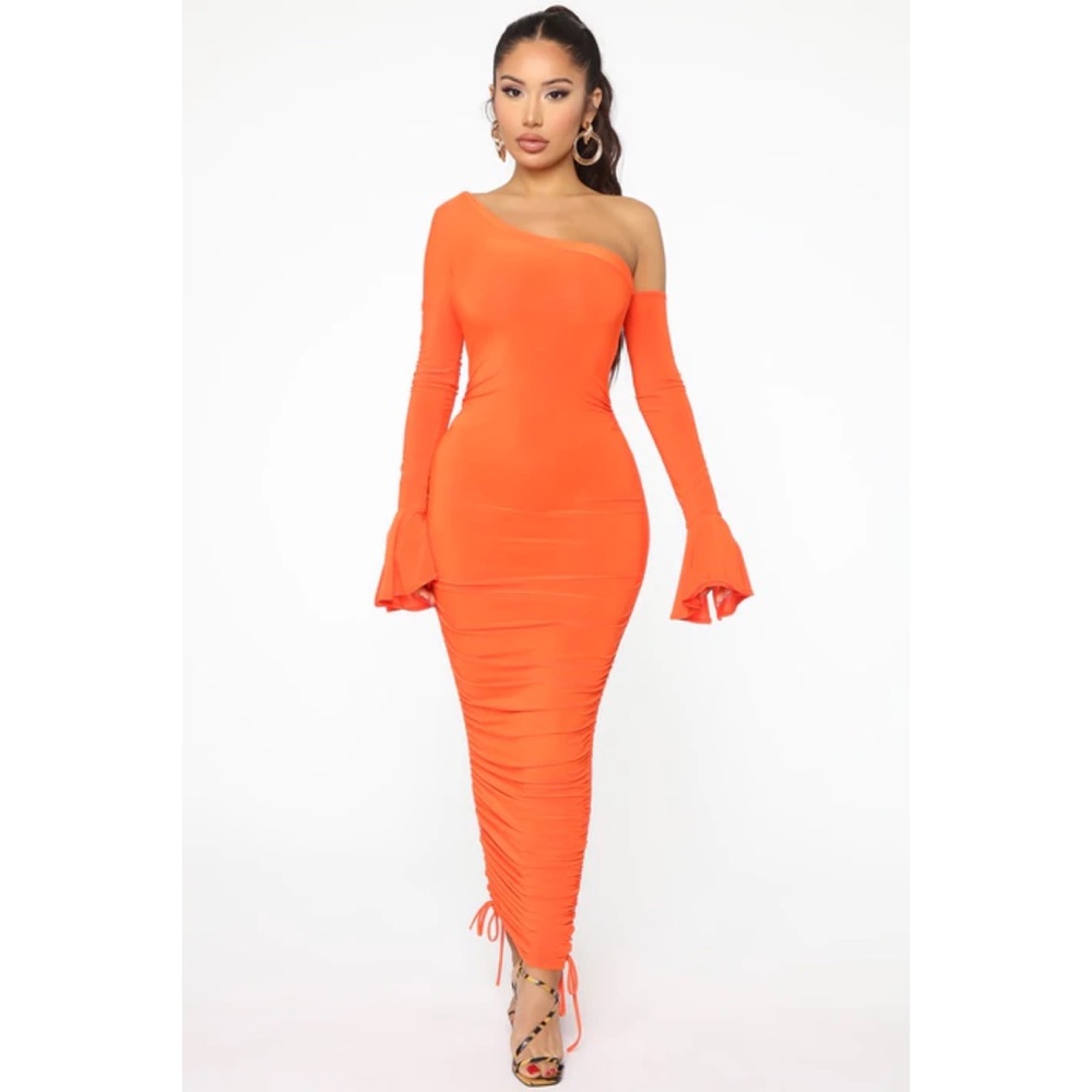 Fashion Nova Get It Right Midi Dress Womens Large Orange Ruched Bodycon Stretch